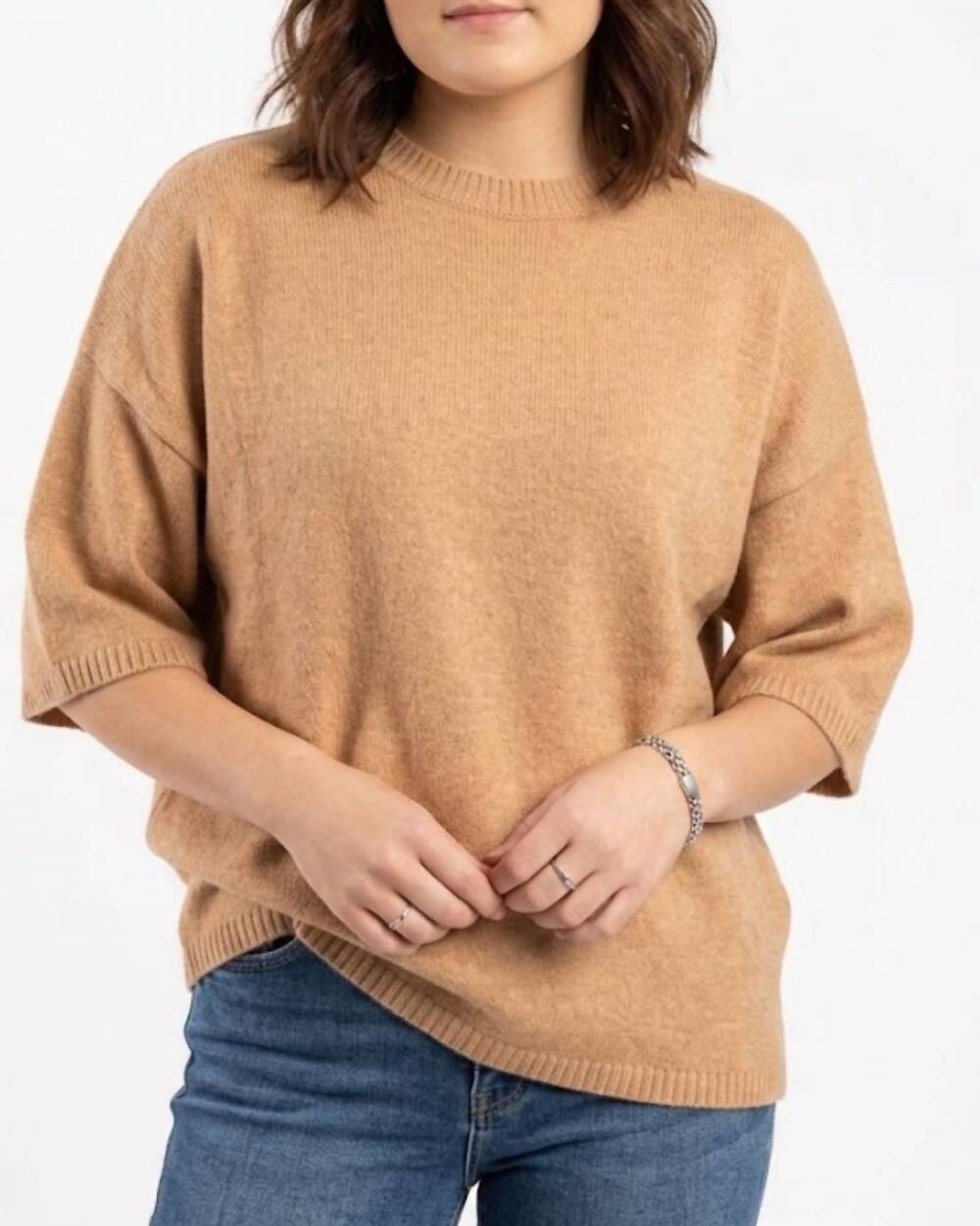 NEW SEWN AND SEEN short sleeve relaxed sweater top in taupe